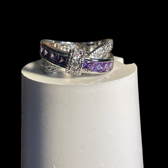 Sterling Silver Amethyst Ring Elegant Crossover Design Retro Gift Size 6 3/4 - Picture 3 of 9
